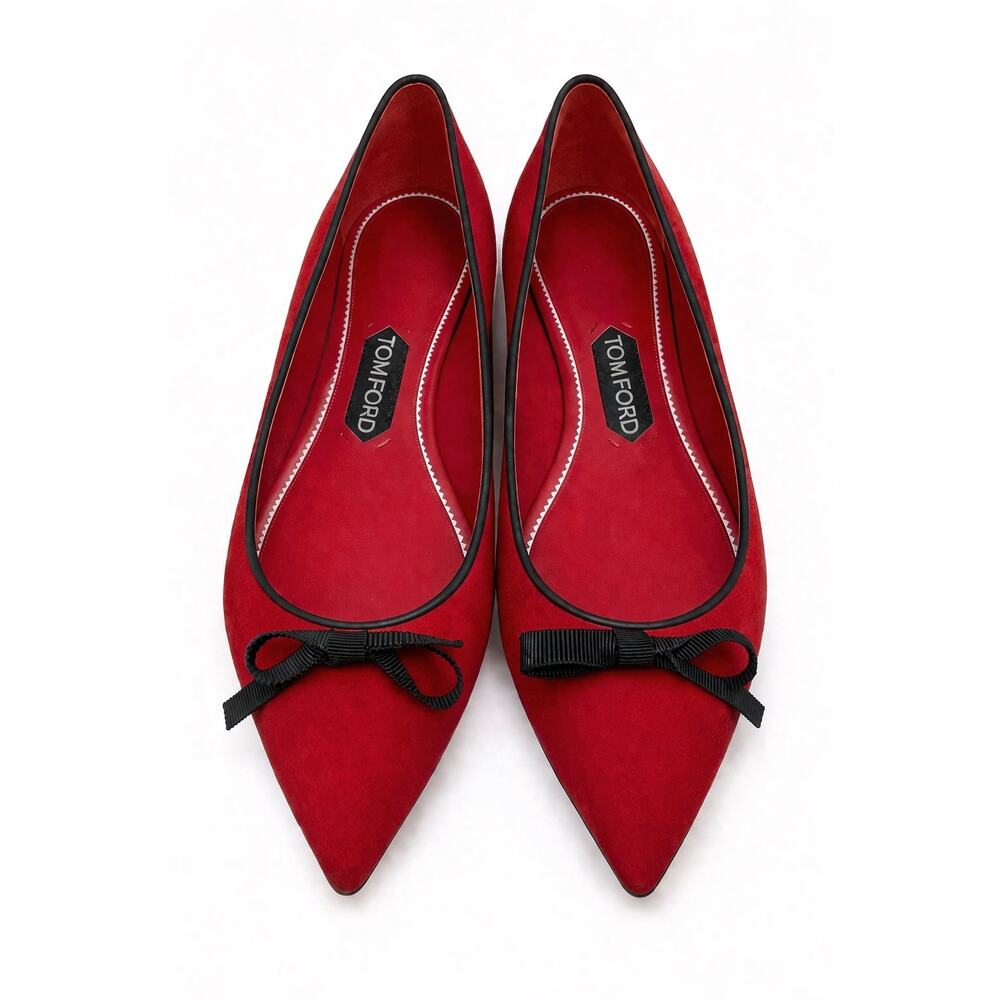 Tom Ford Red Suede Bow Ballet Flats Black Trim Pointed Toe Made in Italy Chic